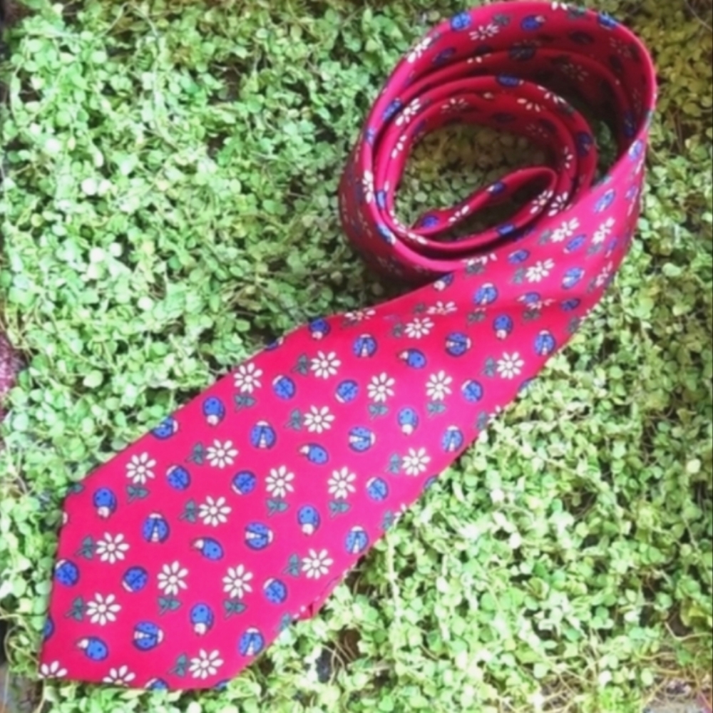 PINK Jermyn St London Daisy Daisies Red Silk Lady Bugs Neck Garden Whimsical TIE - Picture 1 of 12